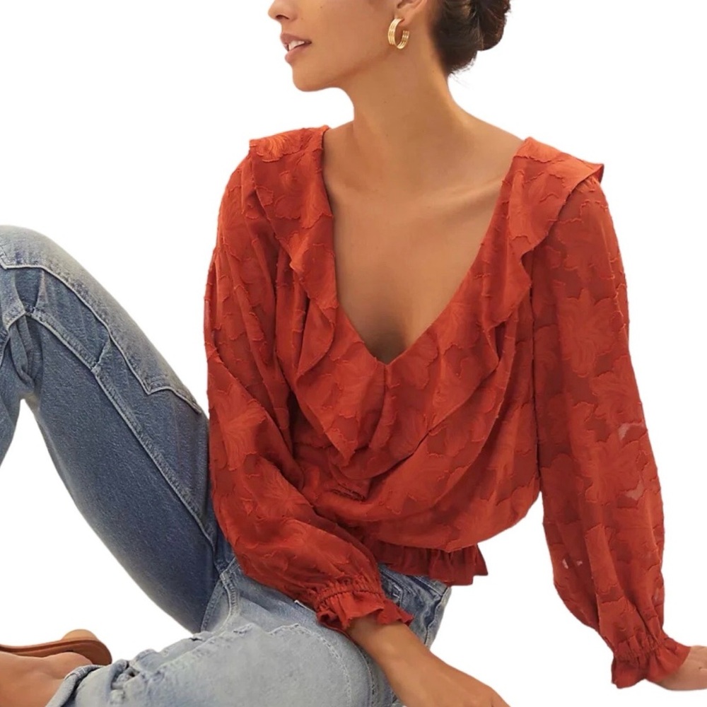 Anthropologie Textured Floral Crimson Orange Red Open Back Blouse Top Size M
